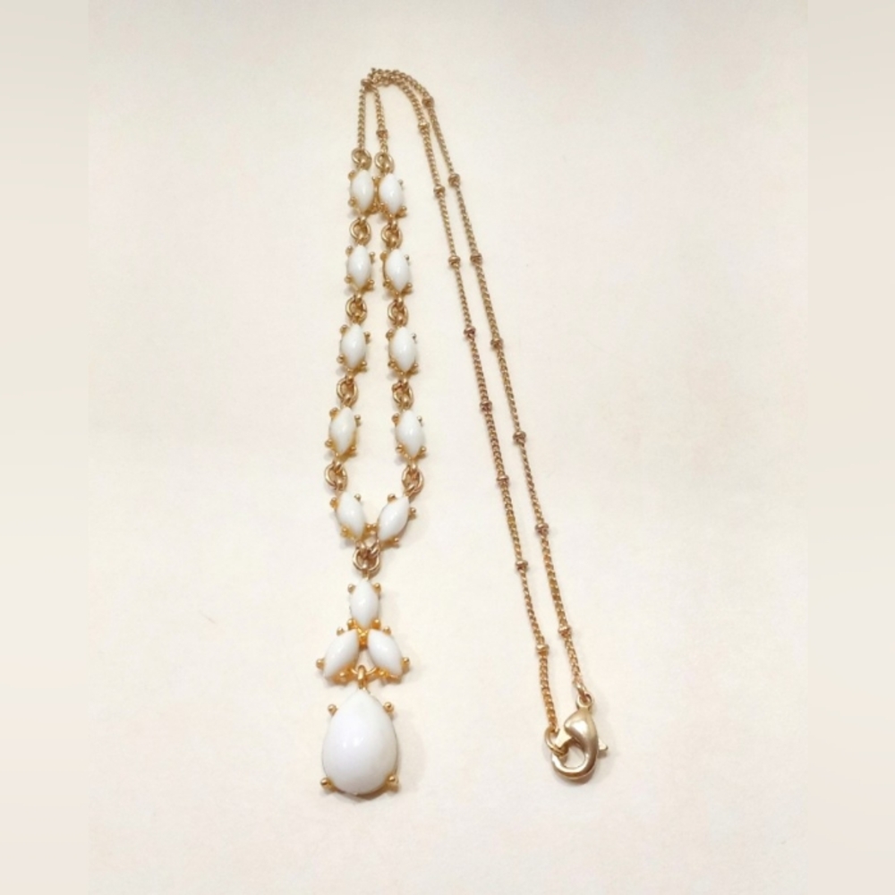 Avon White Cabochon Y Style Necklace Gold Drop Pendant